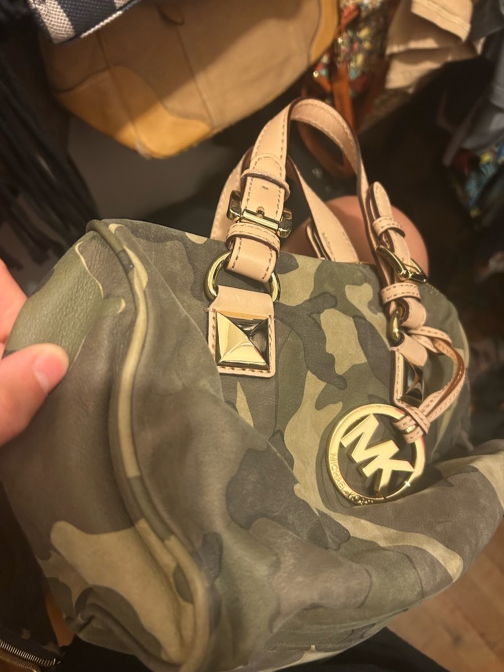 Michael Kors Green Camo Satchel and Wristlet with Pale Pink Trim - Picture 4 of 11